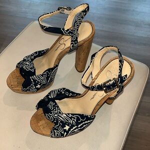 Adorable Jessica Simpson, blue and white Ban-do cork heels